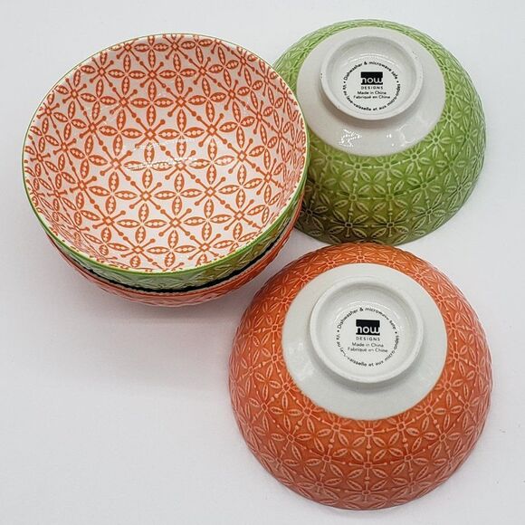 Now Designs Stamped Green/Orange and Orange/Black Porcelain 4pc Rice Bowl Set - Picture 4 of 13
